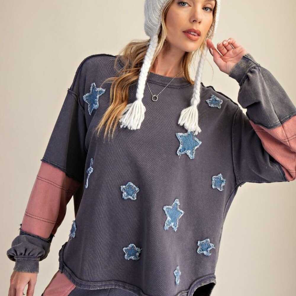 STAR PATCH DETAILING WASHED TERRY PULLOVER S M L 2025 NEW